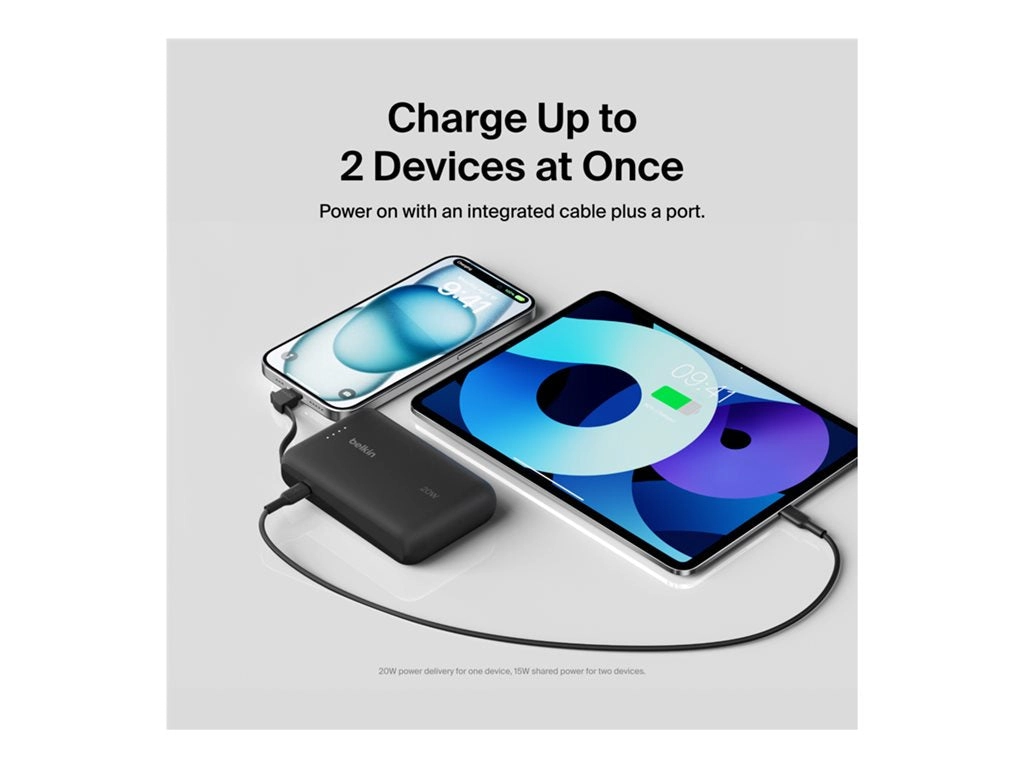 Belkin BoostCharge - Power bank - with integrated cable - 10000 mAh - 20 Watt - Fast Charge - 2 output connectors (24 pin USB-C) BPB021FQBK