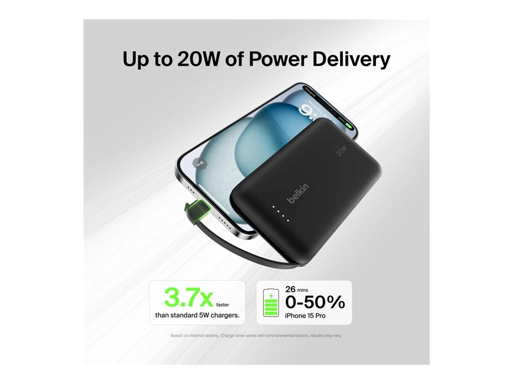 Belkin BoostCharge - Power bank - with integrated cable - 10000 mAh - 20 Watt - Fast Charge - 2 output connectors (24 pin USB-C) BPB021FQBK