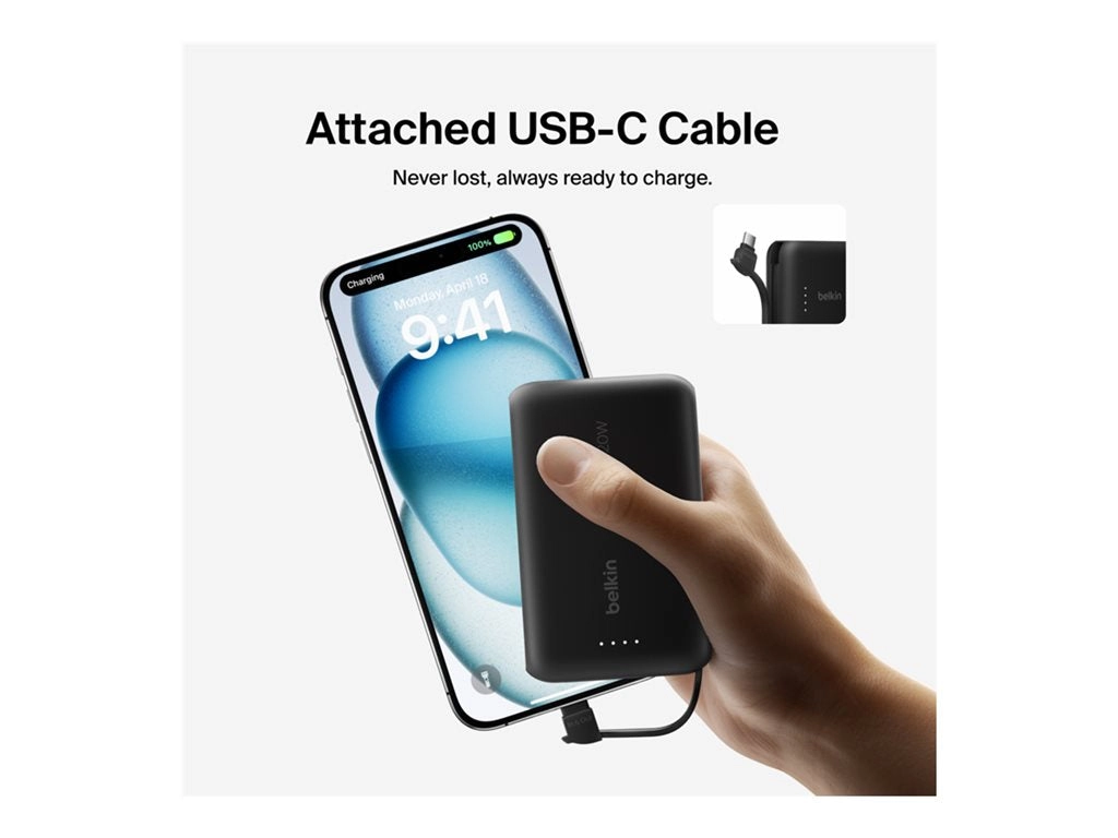 Belkin BoostCharge - Power bank - with integrated cable - 10000 mAh - 20 Watt - Fast Charge - 2 output connectors (24 pin USB-C) BPB021FQBK