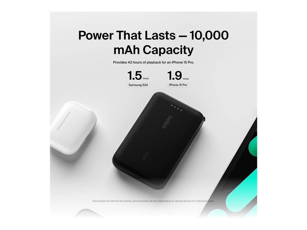 Belkin BoostCharge - Power bank - with integrated cable - 10000 mAh - 20 Watt - Fast Charge - 2 output connectors (24 pin USB-C) BPB021FQBK
