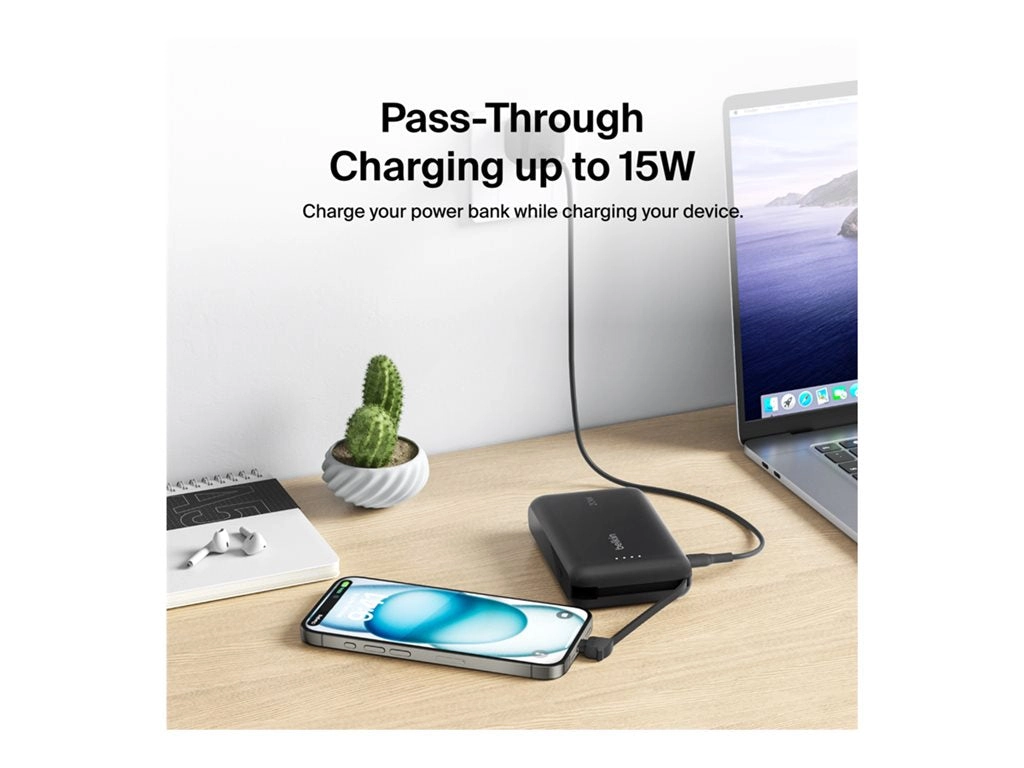 Belkin BoostCharge - Power bank - with integrated cable - 10000 mAh - 20 Watt - Fast Charge - 2 output connectors (24 pin USB-C) BPB021FQBK