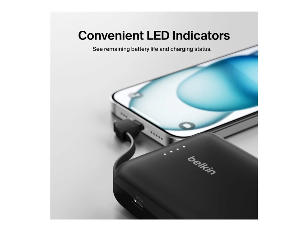 Belkin BoostCharge - Power bank - with integrated cable - 10000 mAh - 20 Watt - Fast Charge - 2 output connectors (24 pin USB-C) BPB021FQBK