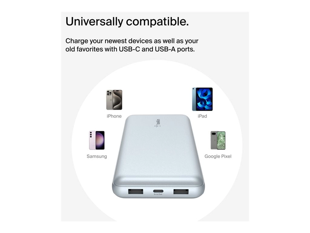 Belkin - Power bank - 10000 mAh - 15 Watt - 3 A - 3 output connectors (2 x USB, 24 pin USB-C) - on cable: USB-C - silver BPB011BTSL