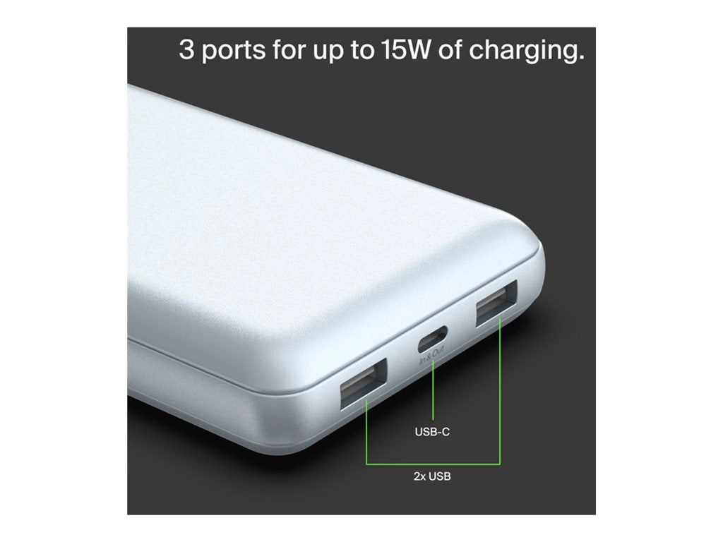Belkin - Power bank - 10000 mAh - 15 Watt - 3 A - 3 output connectors (2 x USB, 24 pin USB-C) - on cable: USB-C - silver BPB011BTSL