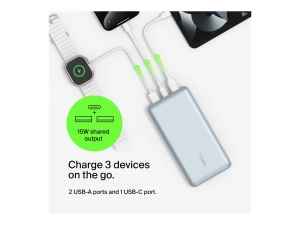 Belkin - Power bank - 10000 mAh - 15 Watt - 3 A - 3 output connectors (2 x USB, 24 pin USB-C) - on cable: USB-C - silver BPB011BTSL