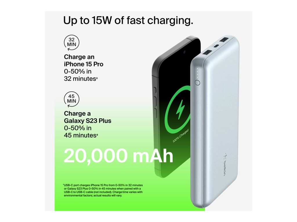 Belkin - Power bank - 10000 mAh - 15 Watt - 3 A - 3 output connectors (2 x USB, 24 pin USB-C) - on cable: USB-C - silver BPB011BTSL