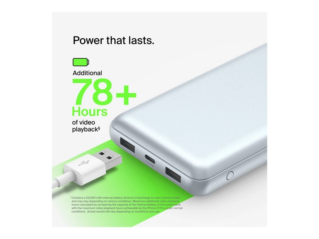 Belkin - Power bank - 10000 mAh - 15 Watt - 3 A - 3 output connectors (2 x USB, 24 pin USB-C) - on cable: USB-C - silver BPB011BTSL