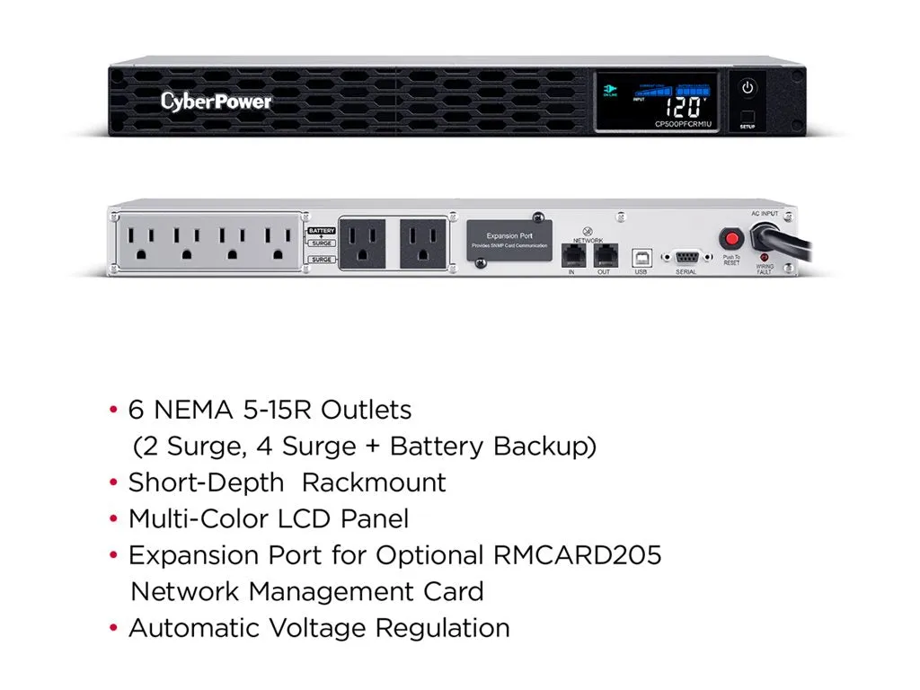CyberPower PFC Sinewave Series CP500PFCRM1U - UPS (rack-mountable) - AC 120 V - 300 Watt - 500 VA - 7 Ah - USB, serial - output