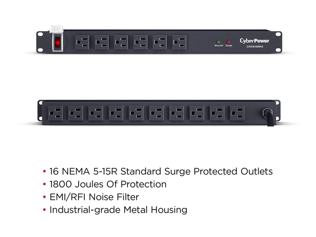 CyberPower Rackbar CPS1615RMS - Surge protector (rack-mountable) - AC 125 V - output connectors: 16 - 1U - 6 ft cord - black